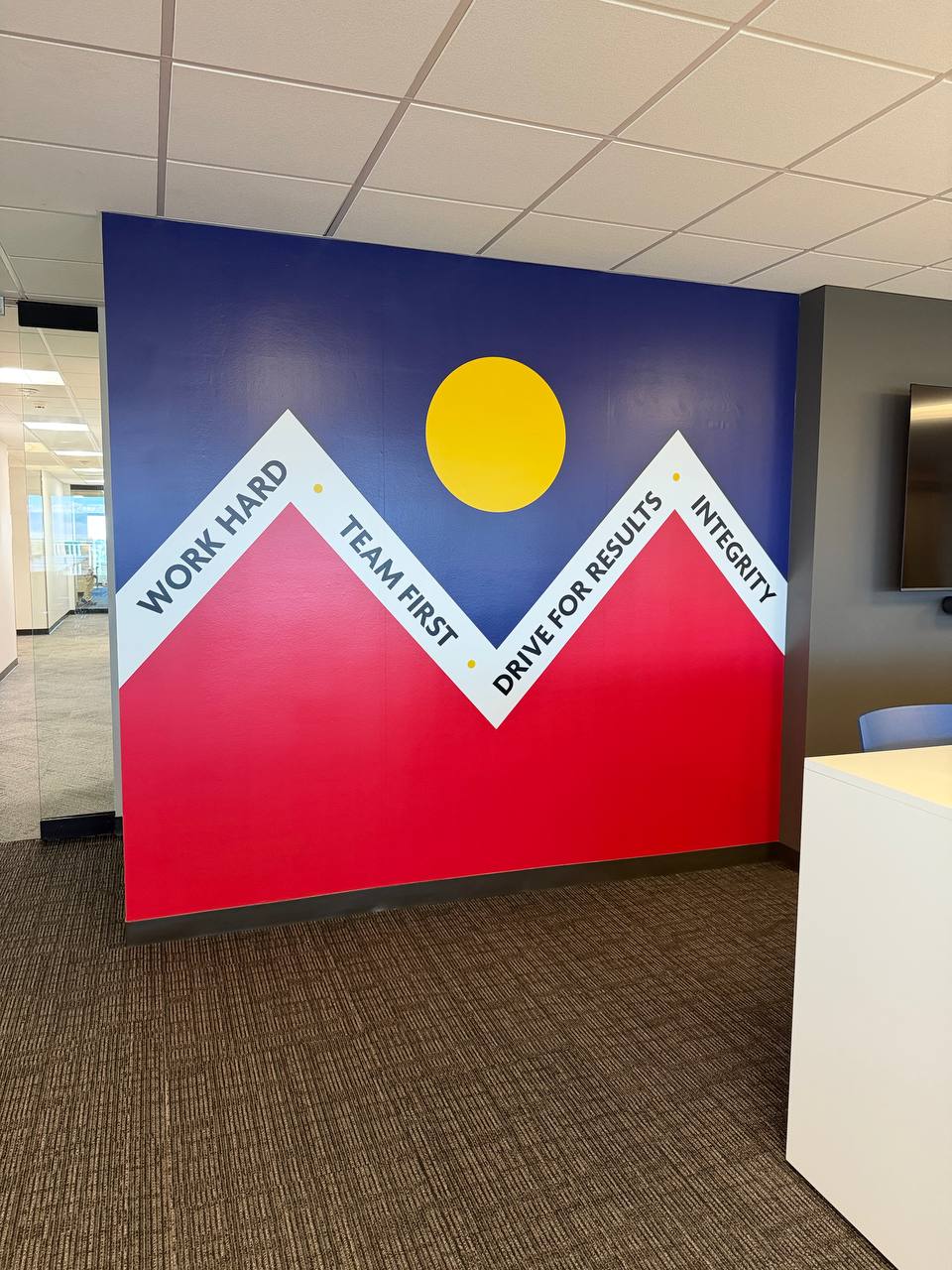 Corporate values wall mural Denver � Work Hard Team First Drive For Results Integrity mountain design